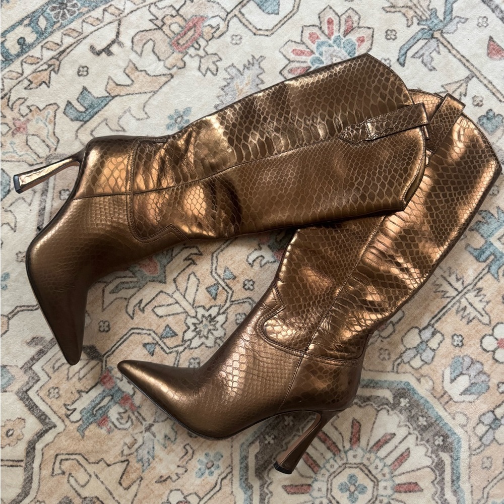 ANTONIO MELANI Metallic Bronze Snake-Embossed Knee-High Heeled Boots